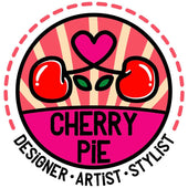 Cherry Pie logo in pink and red with a heart and two cherries. Text below reads Designer, Artist, Stylist