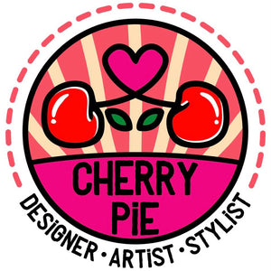 Cherry Pie logo in pink and red with a heart and two cherries. Text below reads Designer, Artist, Stylist